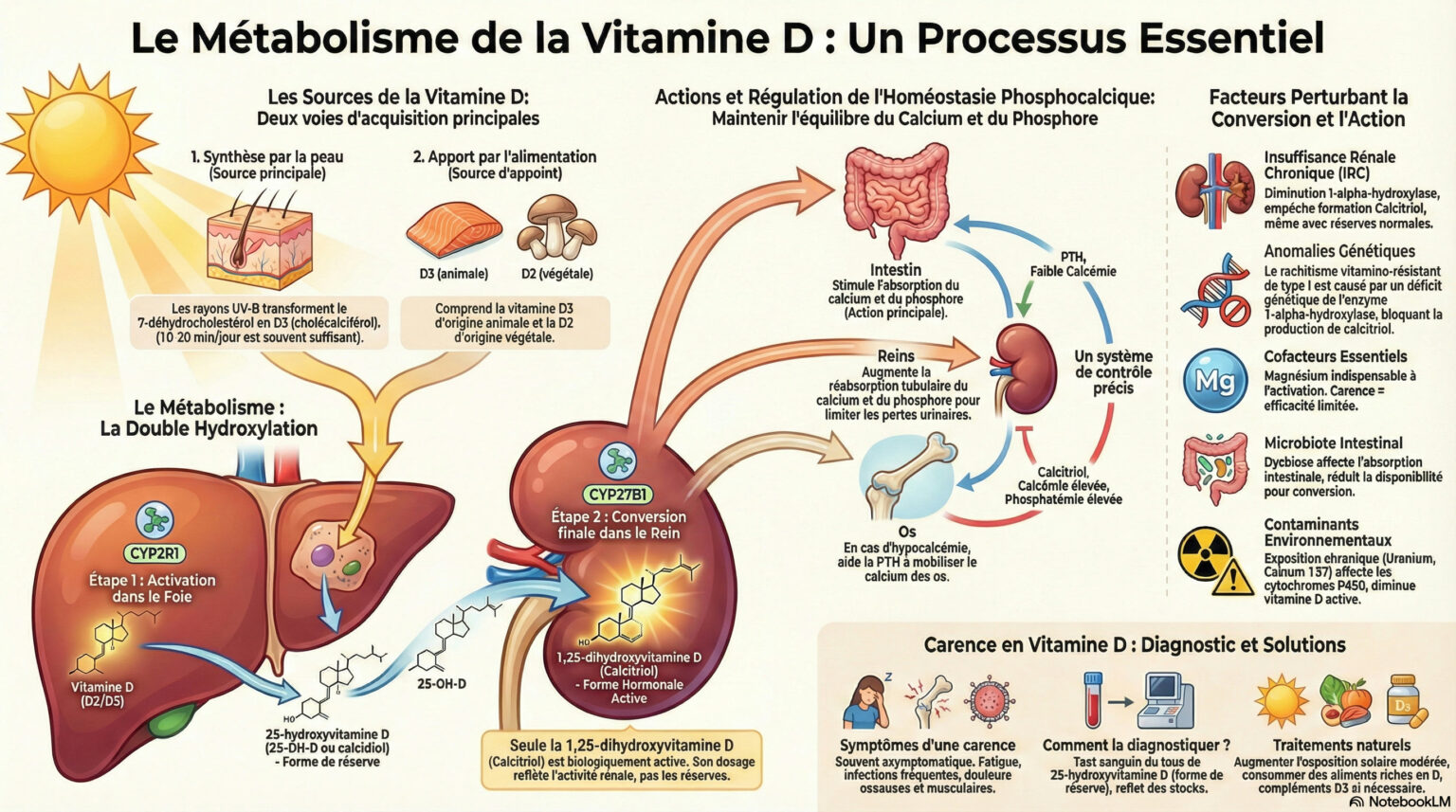 Schéma du métabolisme de la vitamine D : synthèse par la peau et apport alimentaire, double hydroxylation dans le foie puis le rein, et régulation du calcium et du phosphore.